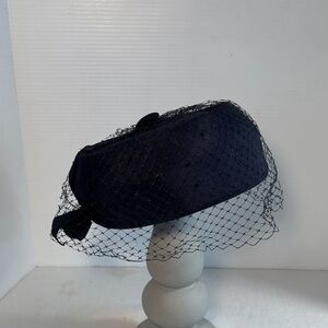Vintage Union Made Black Pillbox Hat with Birdcage Netting & Grosgrain Bow